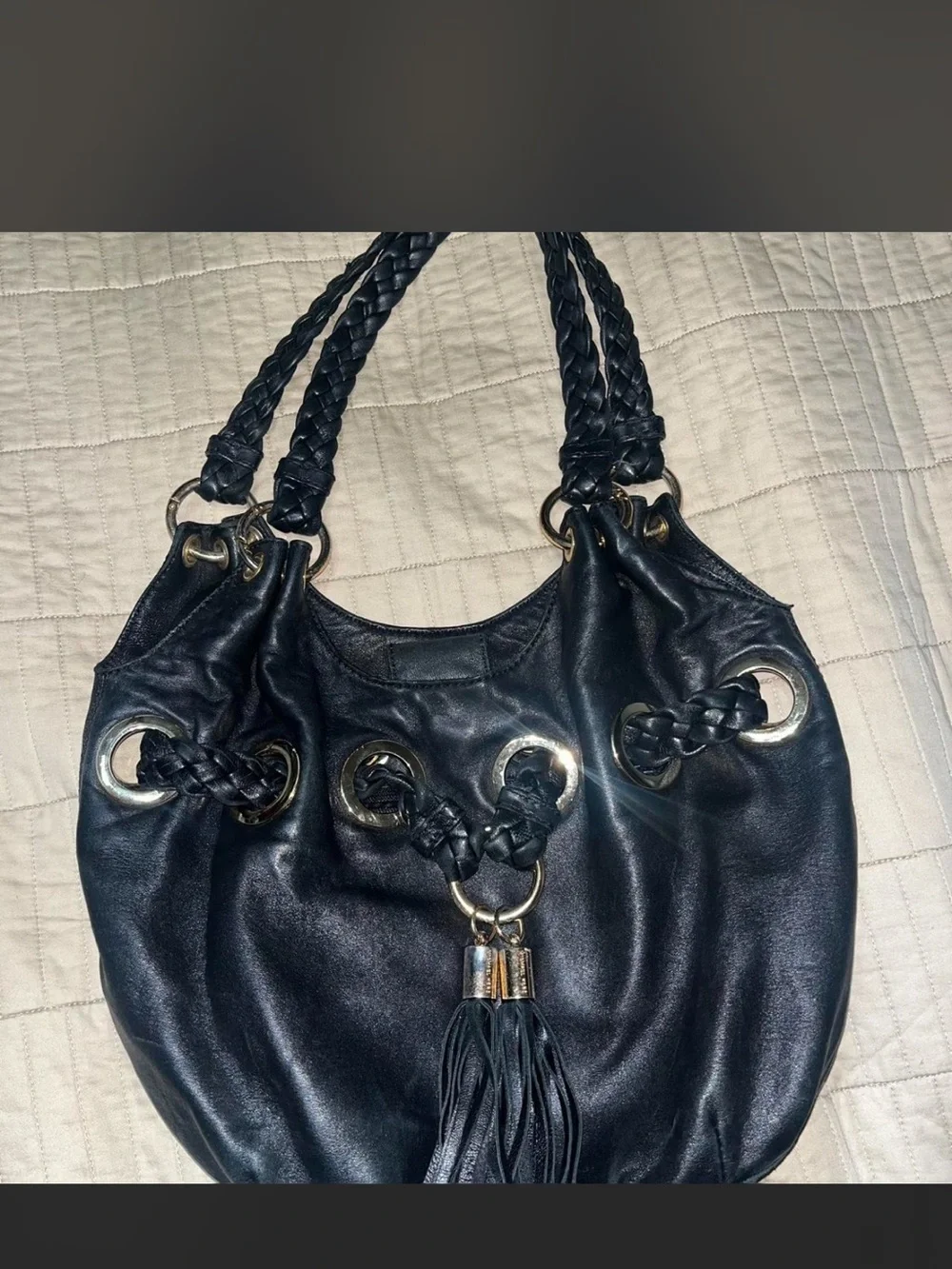 Black Braided Handle Tassel Hobo Bag